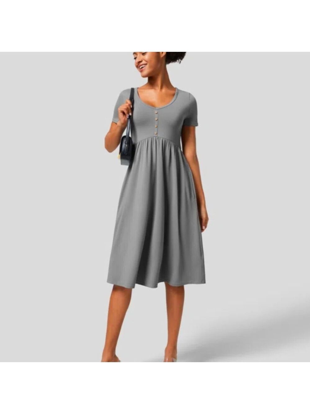 Halara Neck Decorative Button Short Sleeve Side Pocket Midi Casual Dress Size XL